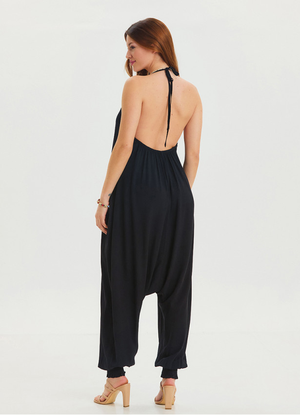 Black Bohemian Jumpsuit with Elasticated Legs and Tied Neck 4484